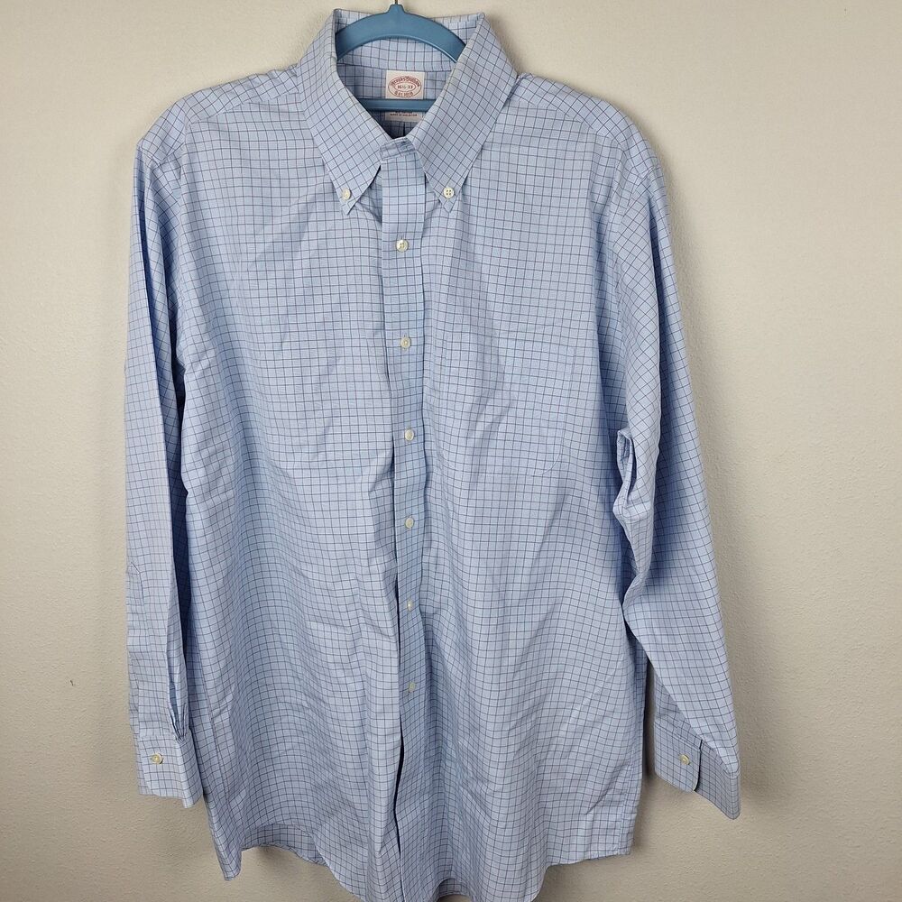 Brooks Brothers Dress Shirt Mens 16.5 33 Traditional Fit Blue Red Check Striped